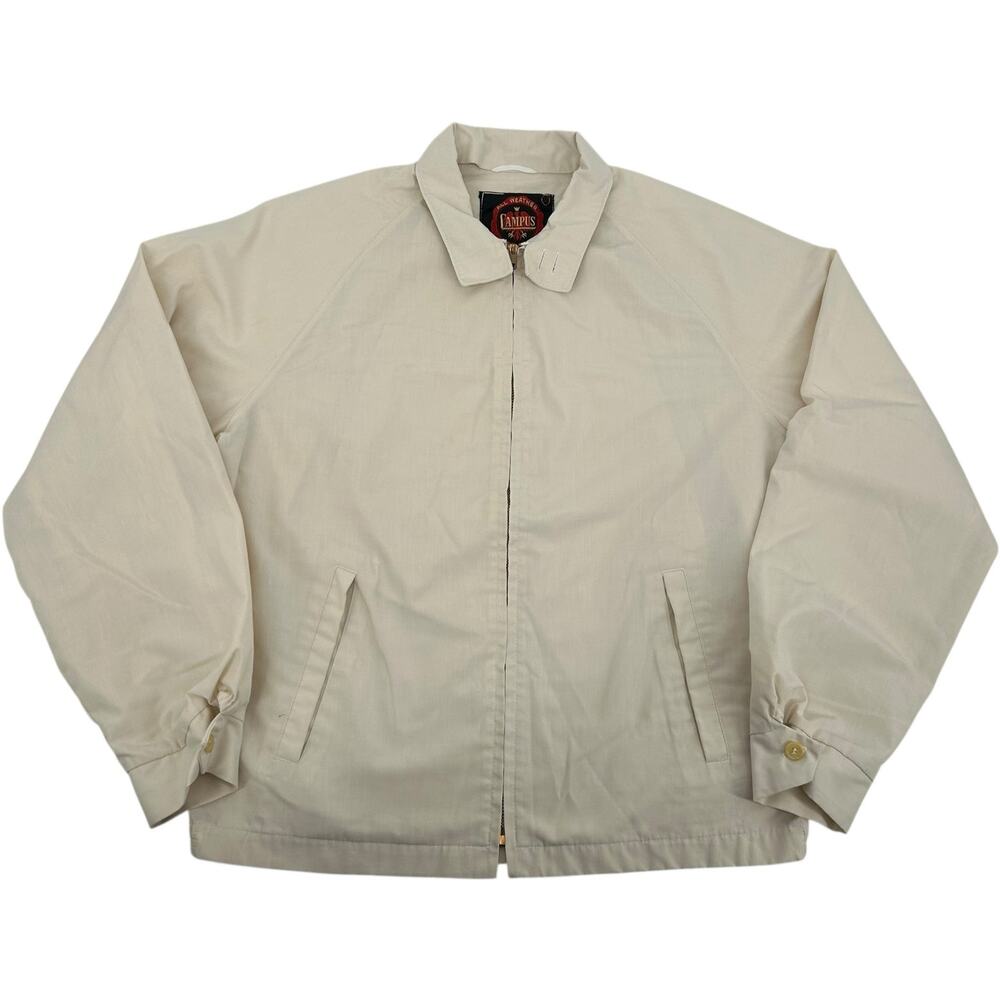VTG 60s Men's Cream Campus Collared Gabardine Jacket Sz M W/ Talon Zipper dacron